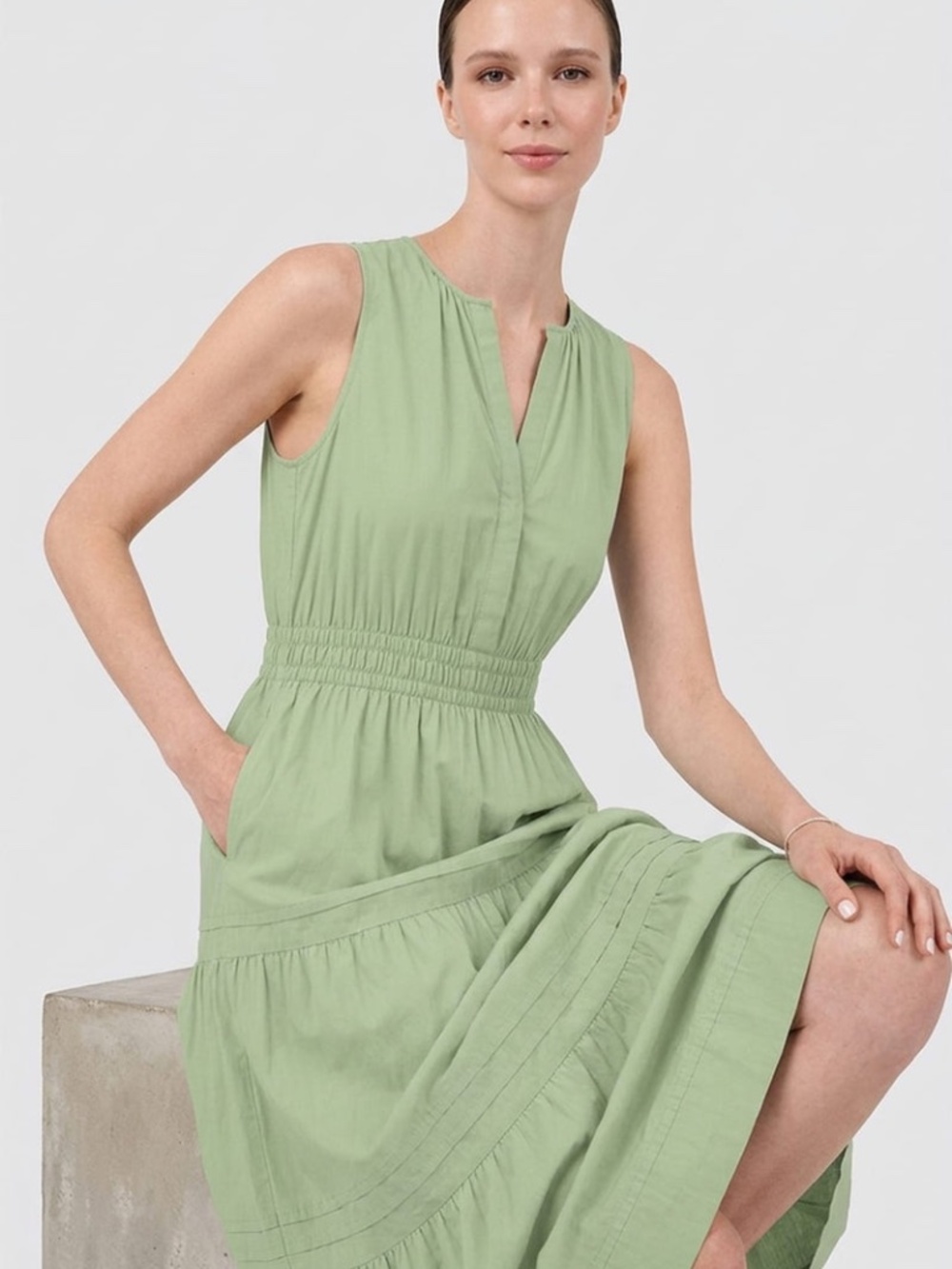 NWT Shahida Parides Sage Green Cotton Smocked Tiered Midi Dress